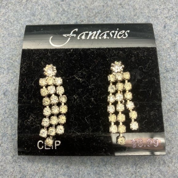 Fantasies Clip On Earrings Rhinestone Silver Dangle Retro Vintage Bling Glam - Picture 2 of 5